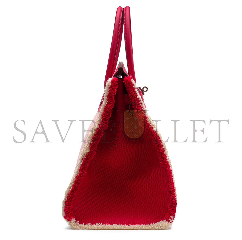 HERMÈS MASTER BIRKIN 35 SWIFT LEATHER CASE RASPBERRY CANVAS TASSELS SILVER BUCKLE H082686CK26 (35*25*18cm)